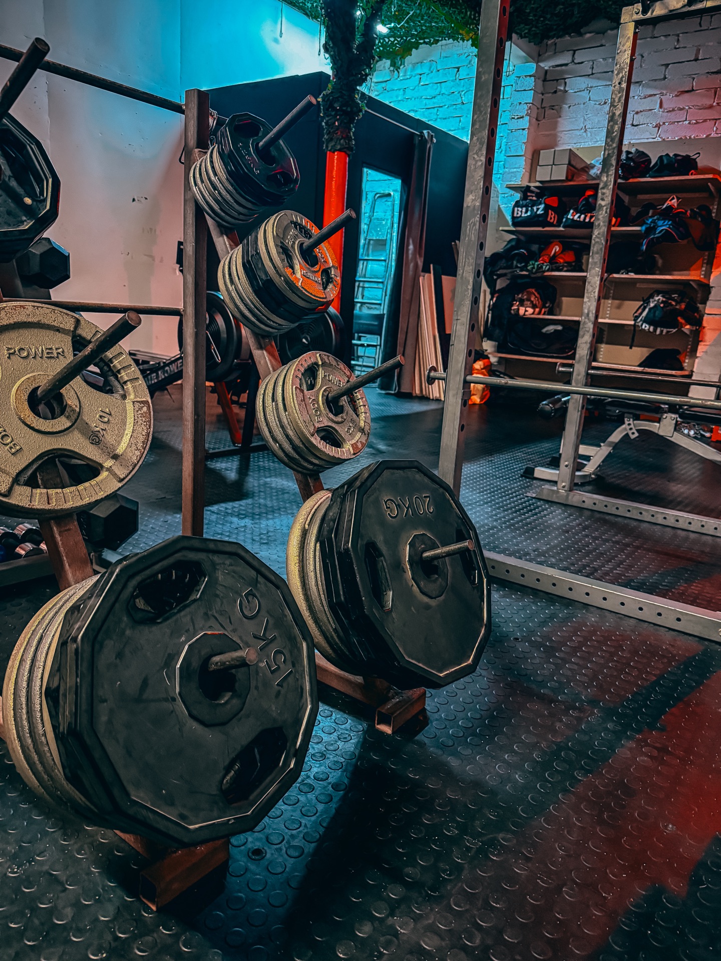 Olympic weight plates and barbell rack at Genjitsu